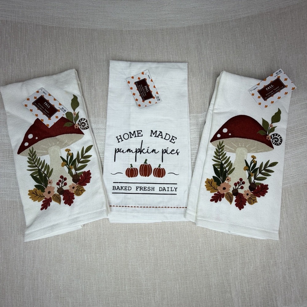 Lot of 3 Fall Kitchen Towels Mushroom Homemade Pumpkin Pie Thanksgiving NEW
